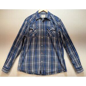 PD&C Men's Button Up Cotton Shirt Size L Blue White Plaid Long Sleeve Pockets